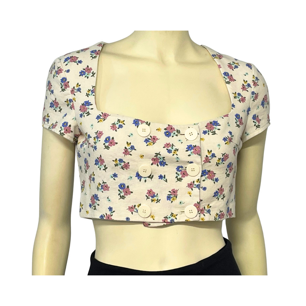 Zara Sz M Cropped Blouse Button Front Square Neck Floral Linen Blend Cottage